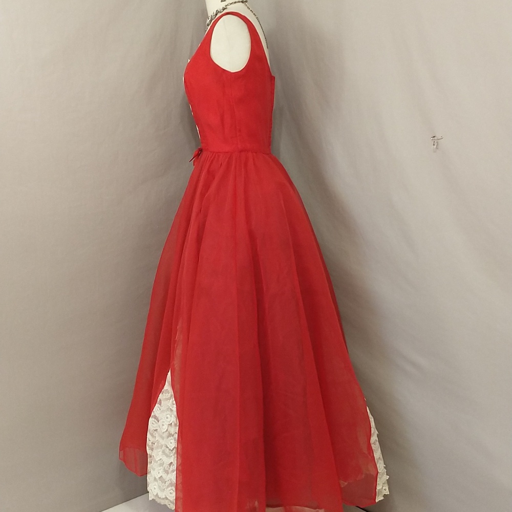 50s 60s Vintage Formal Gown Bright Red Cream Lace Fem Gone With The Wind Style - Picture 4 of 16